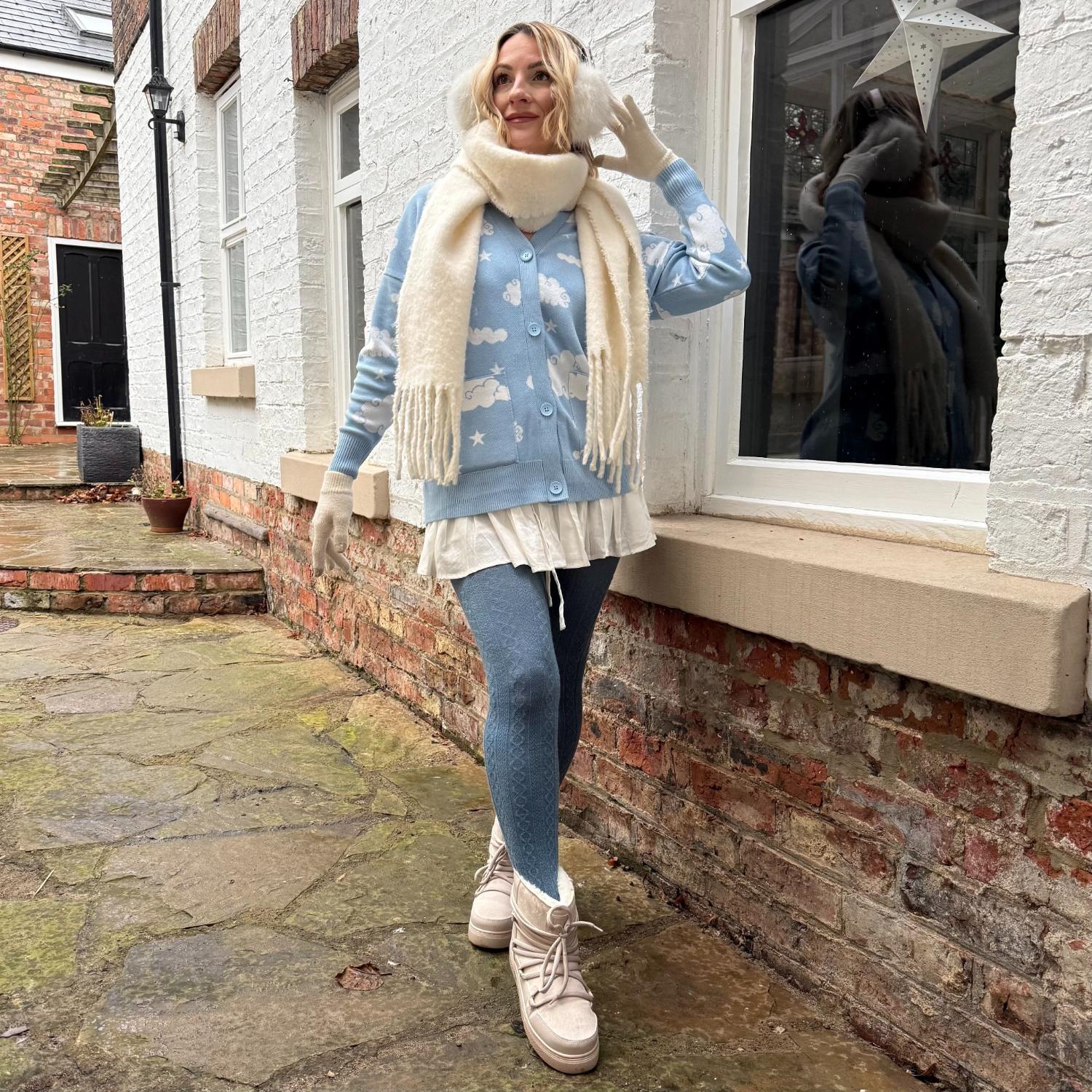 Grannies Cable Knit Wool Tights - Denim (V2)