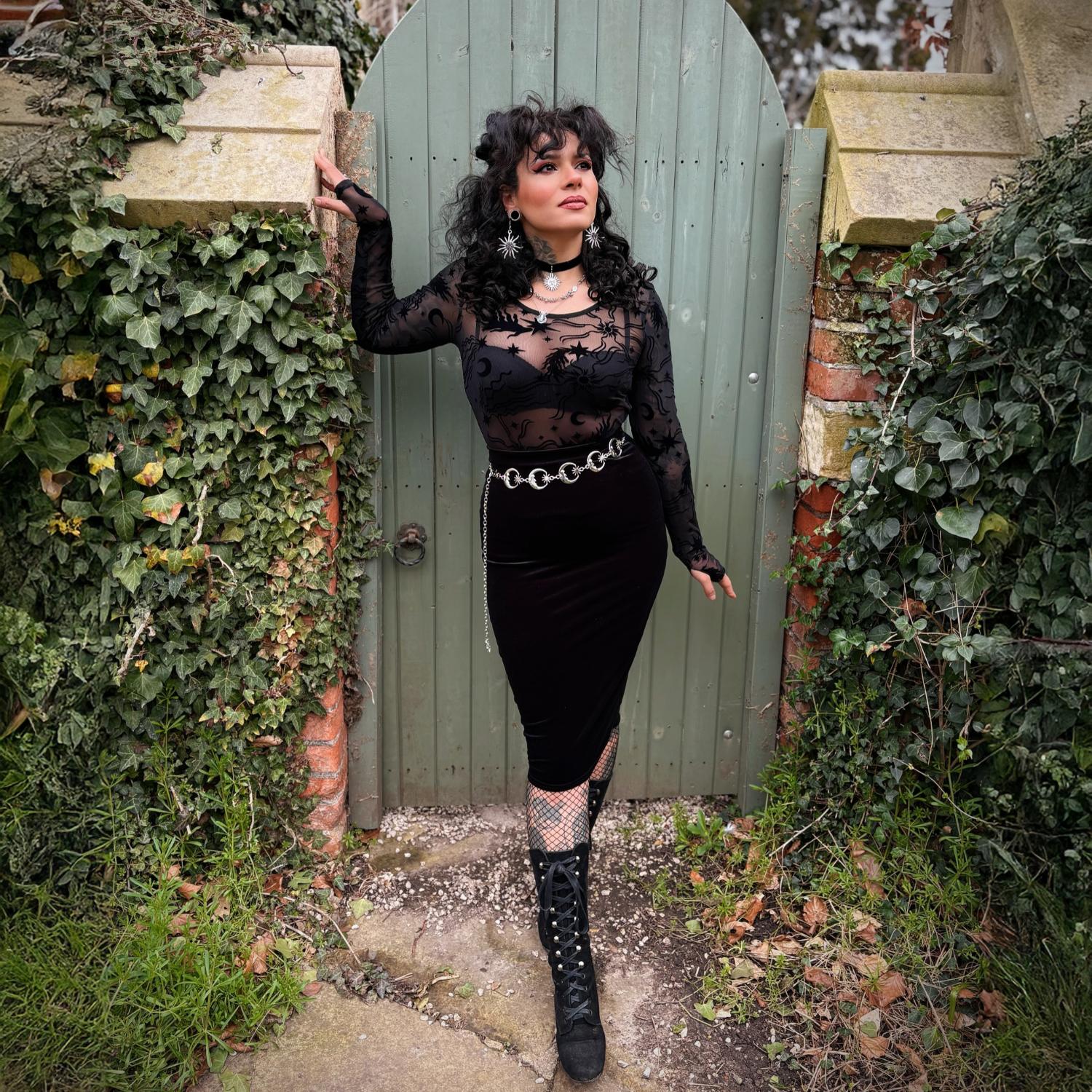 Celestial Flock Mesh Top - Black