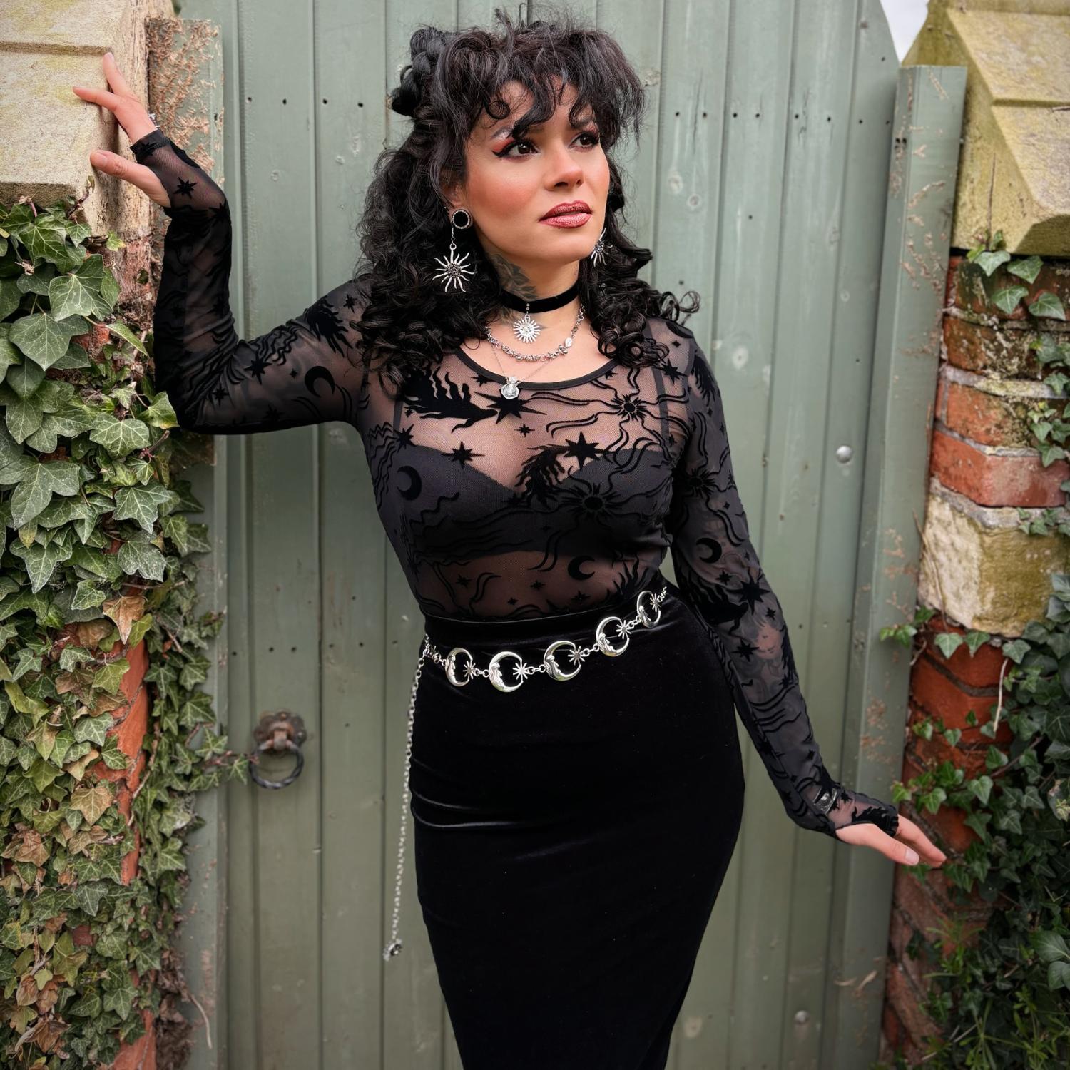 Celestial Flock Mesh Top - Black