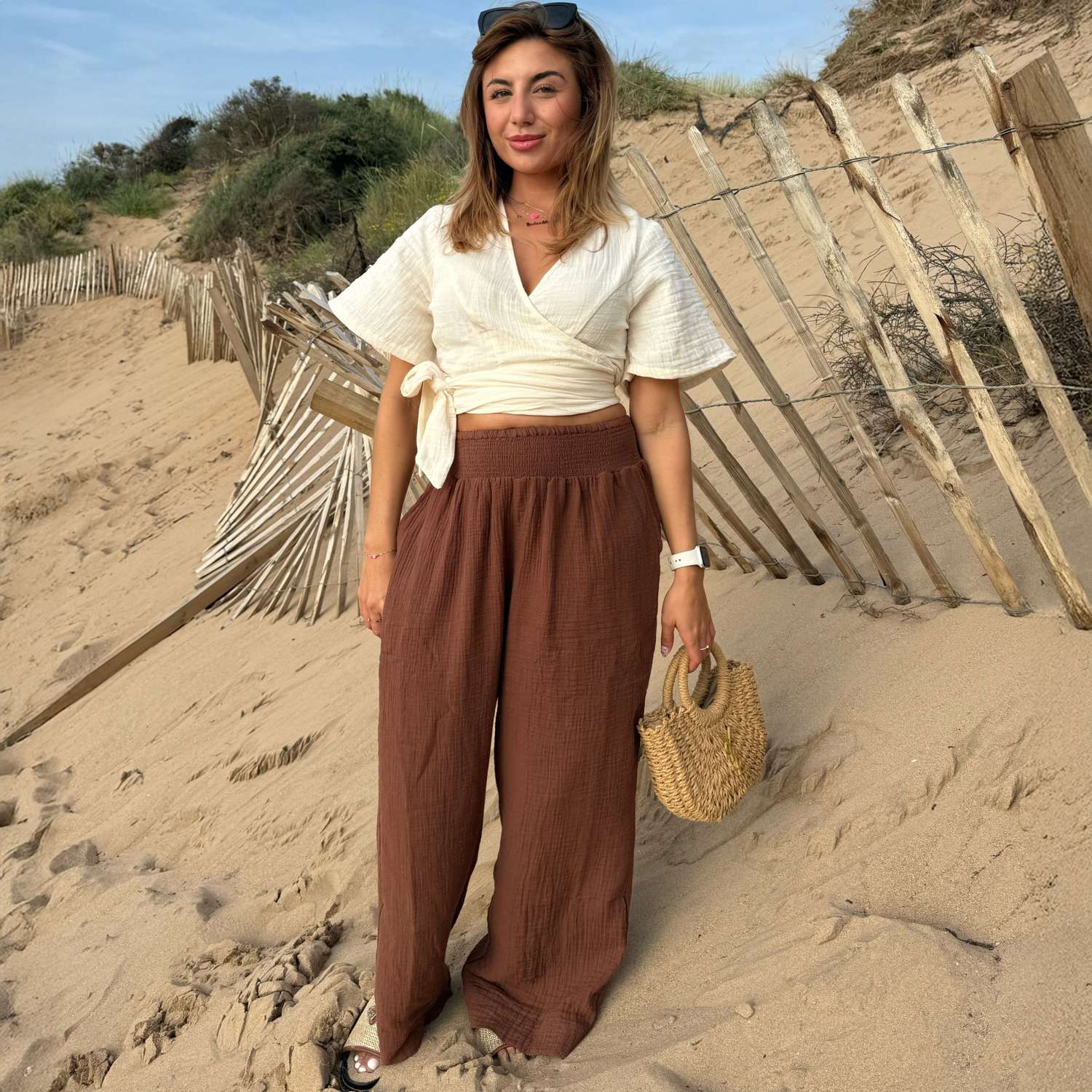 The Noor Cotton Gauze Wide-Leg Trousers - Brown