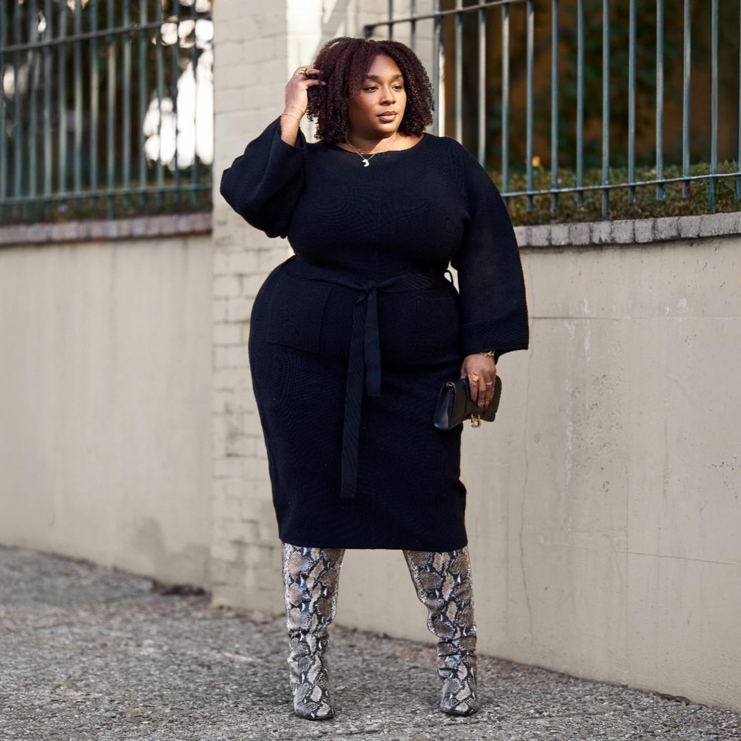 Black Cocoon Knit Midi Dress with Pockets