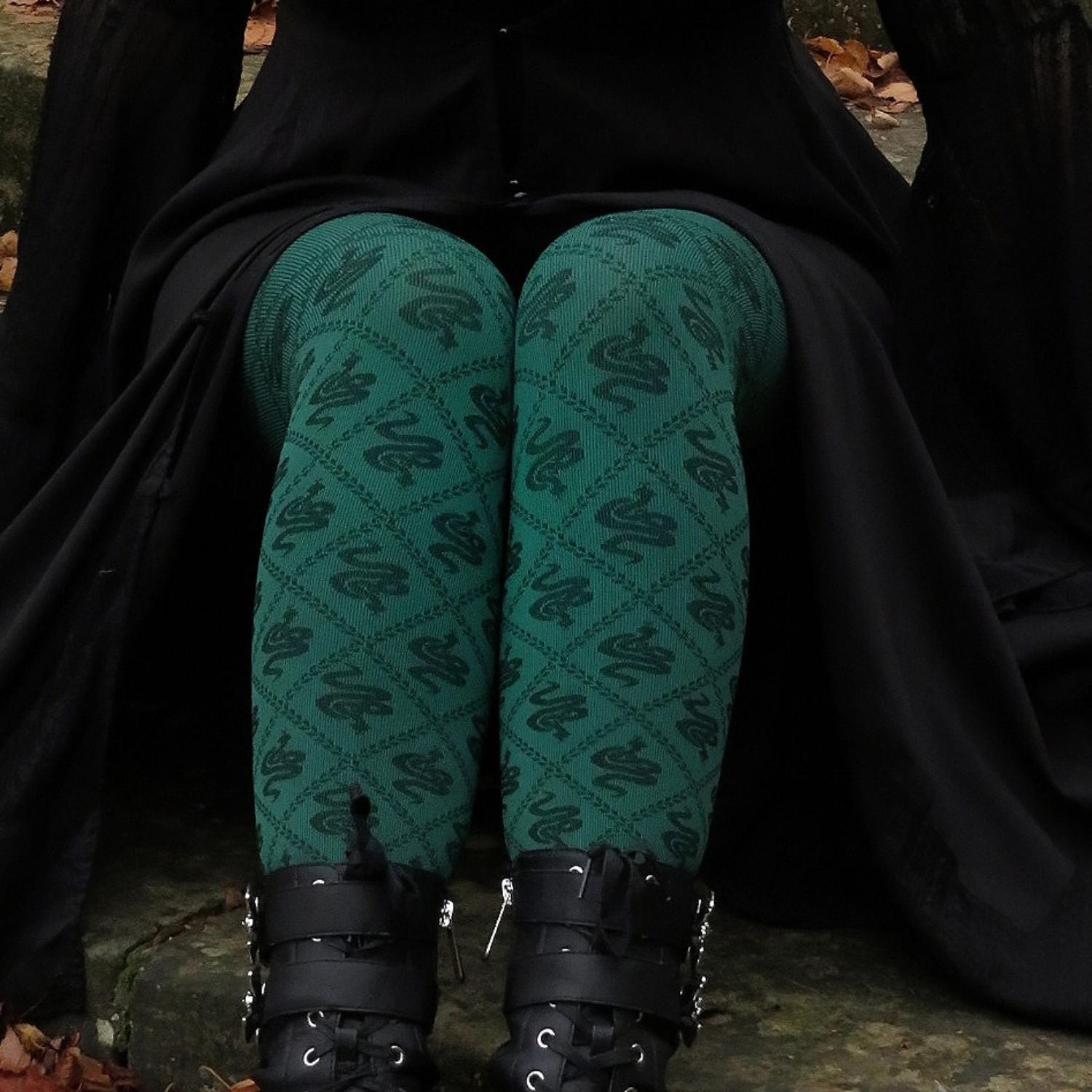 80 Denier Opaque Tights - Corra Snakes - Foliage Green
