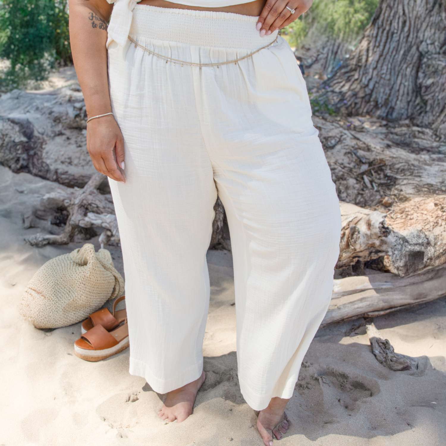 The Noor Cotton Gauze Wide-Leg Trousers - Cream