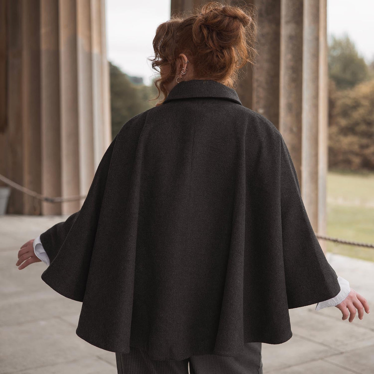 Wool Collared Cape - Charcoal