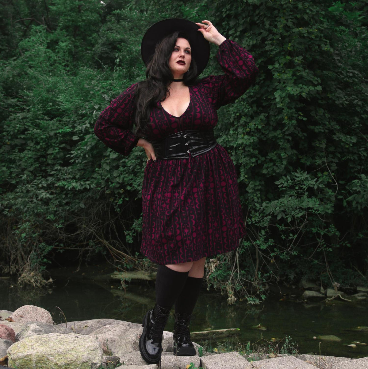 Printed Cotton Babydoll Dress - Moon Stars Pinstripe - Cherry