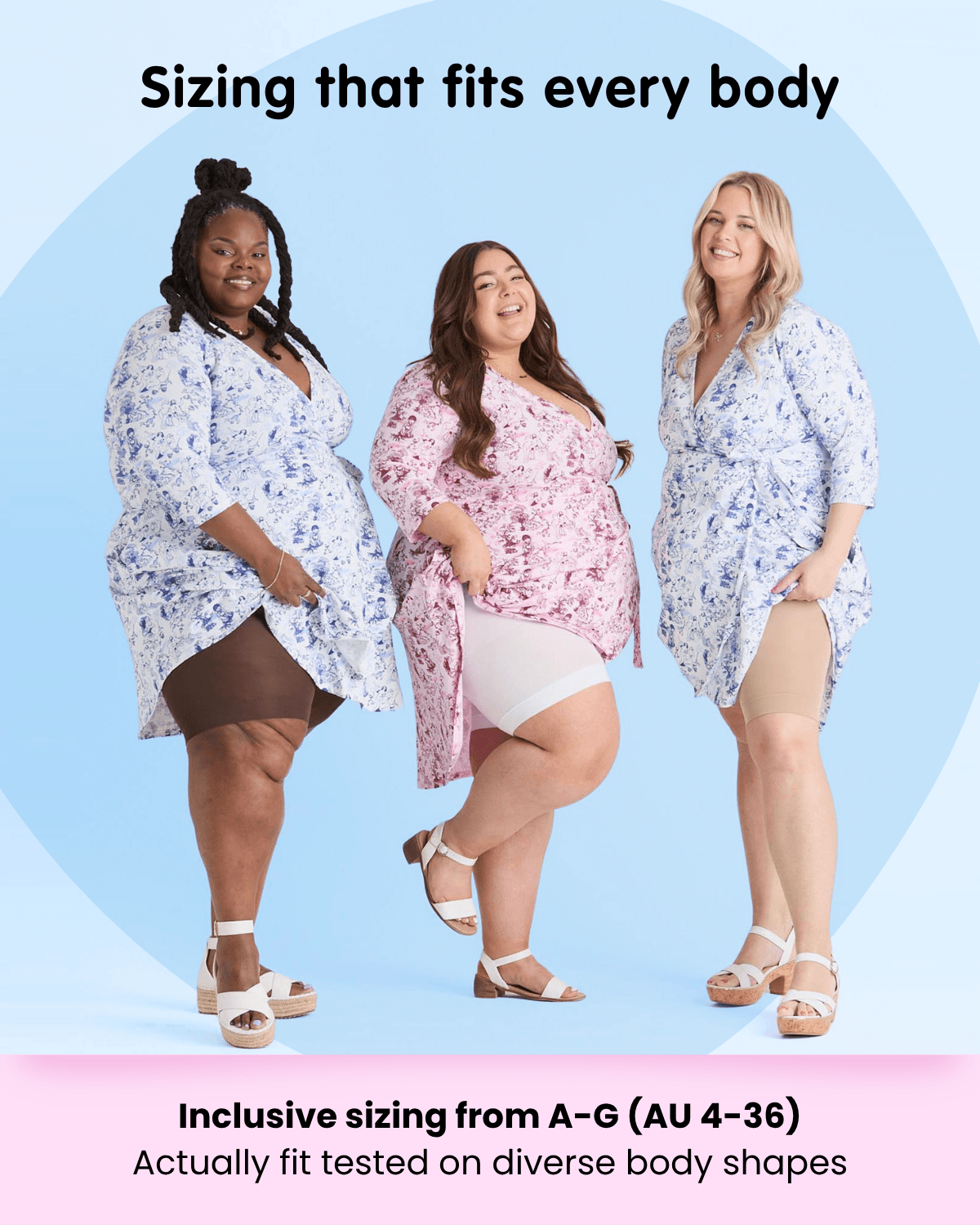 Three diverse models wearing brown, white, and beige chub rub shorts. Text emphasizes fit testing on real bodies.