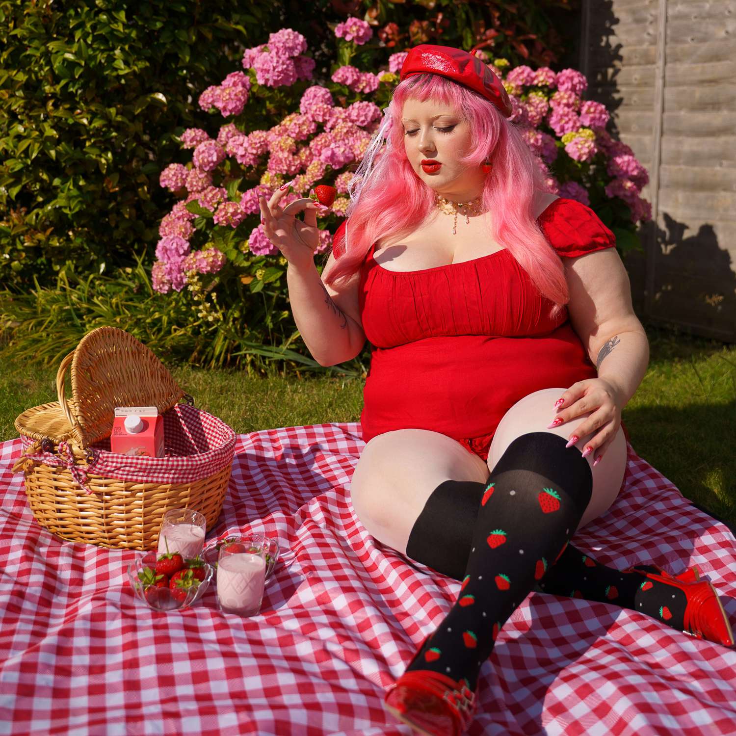 Strawberry Mock Sock Tights - Black
