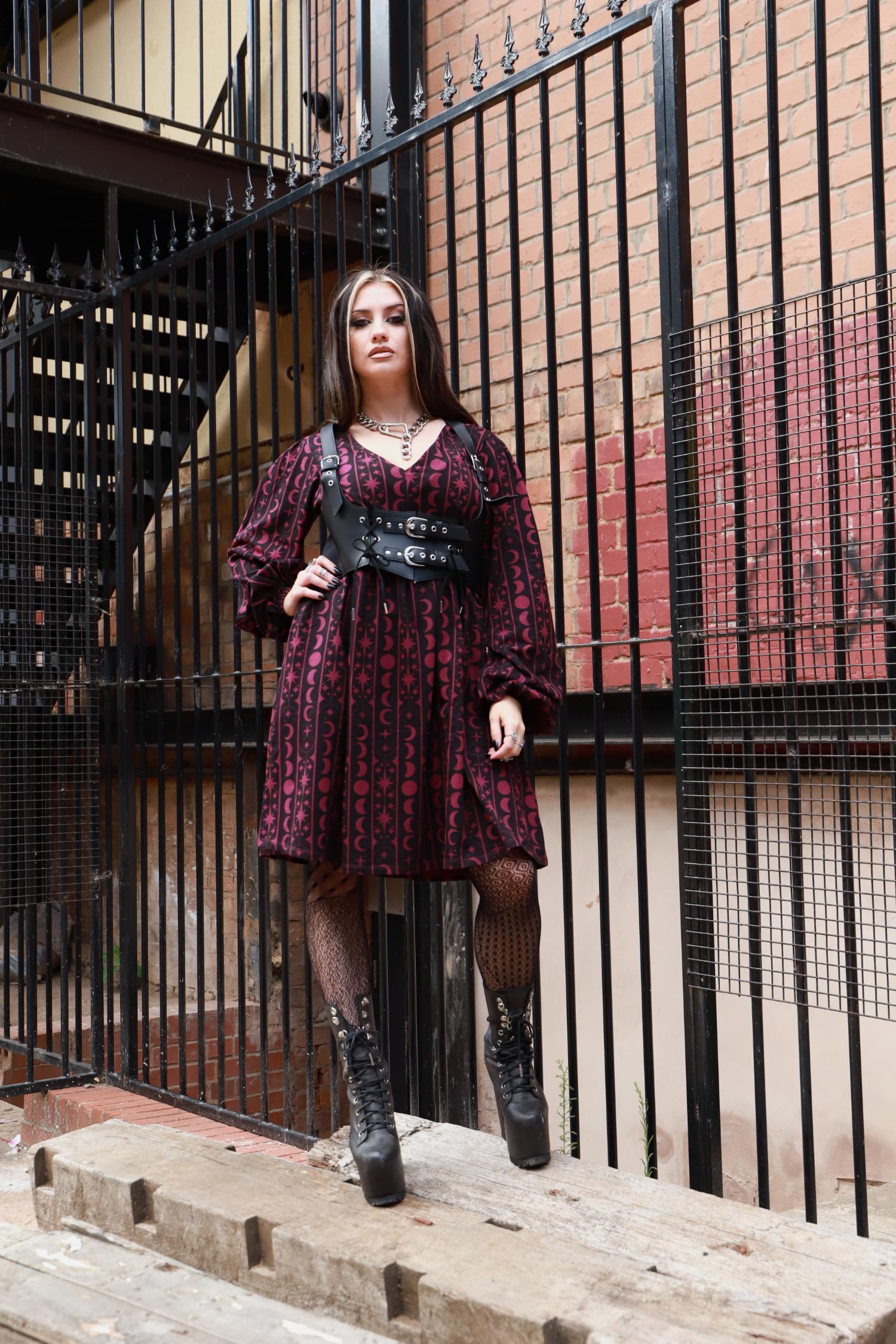 Printed Cotton Babydoll Dress - Moon Stars Pinstripe - Cherry