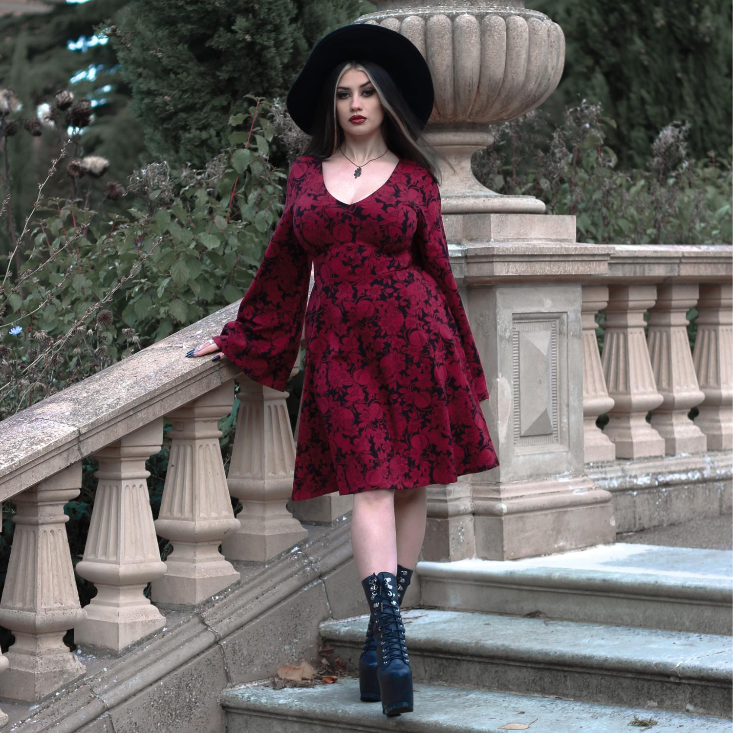 Danu Bell Sleeve Mini Dress | Red & Black Goth Dress with Pockets