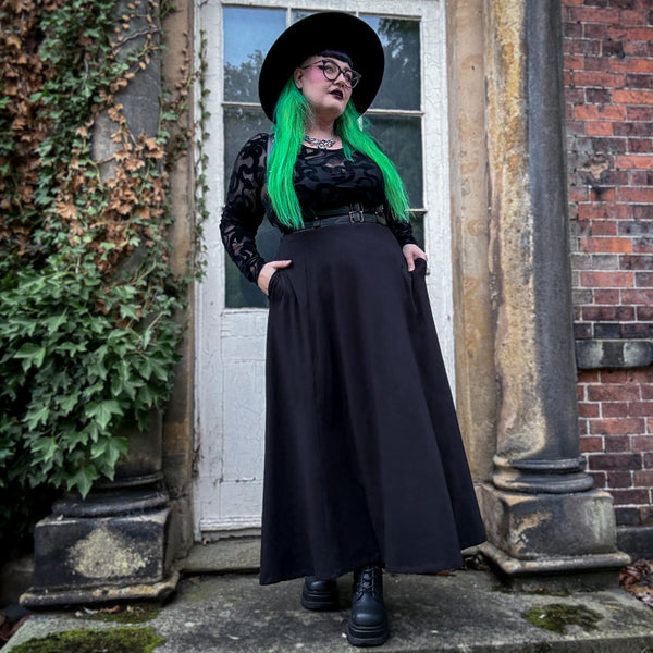 jersey long skirt Black 01サイズ Black Jersey Maxi Skirt | Long A-Line Skirt with Pockets