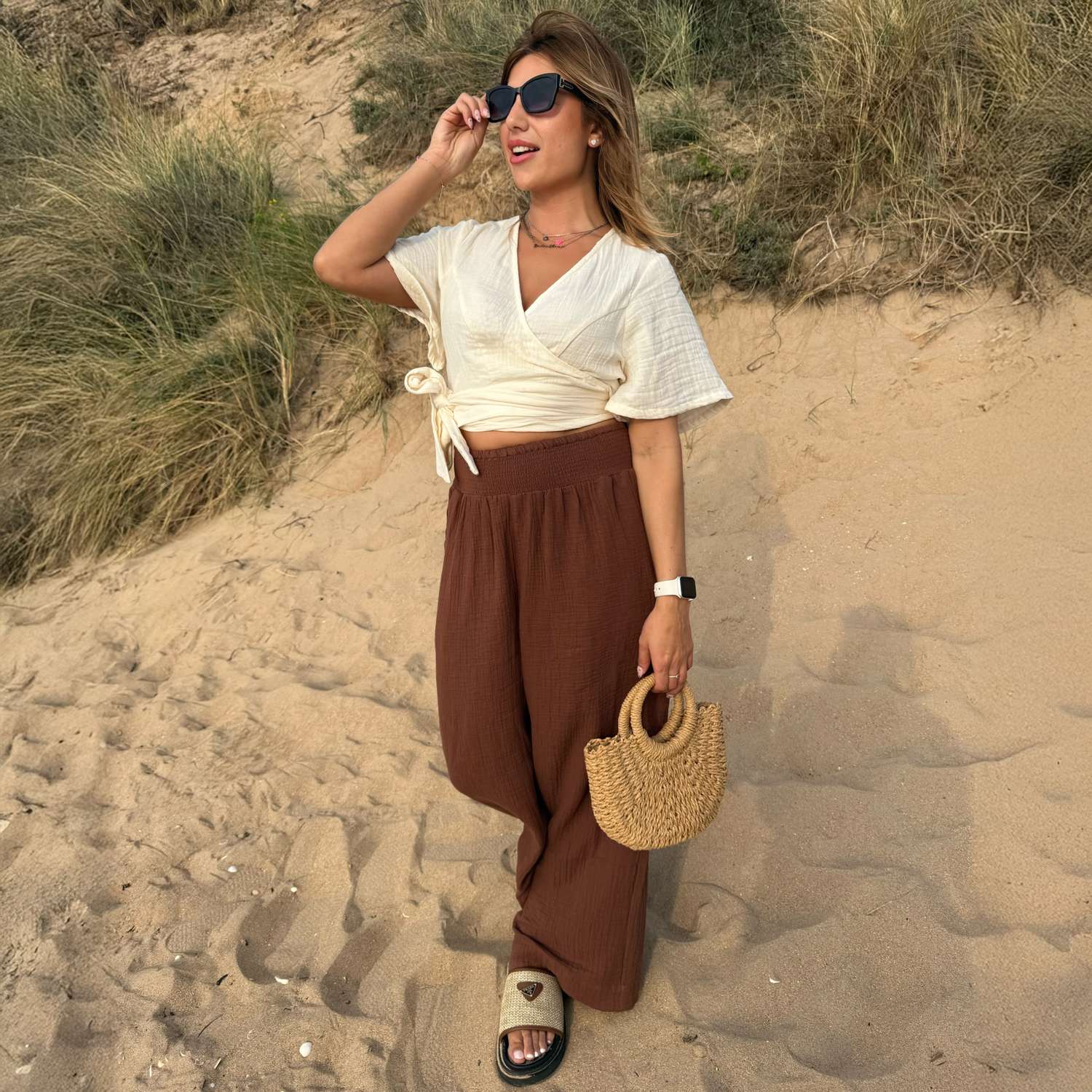 The Noor Cotton Gauze Wide-Leg Trousers - Brown