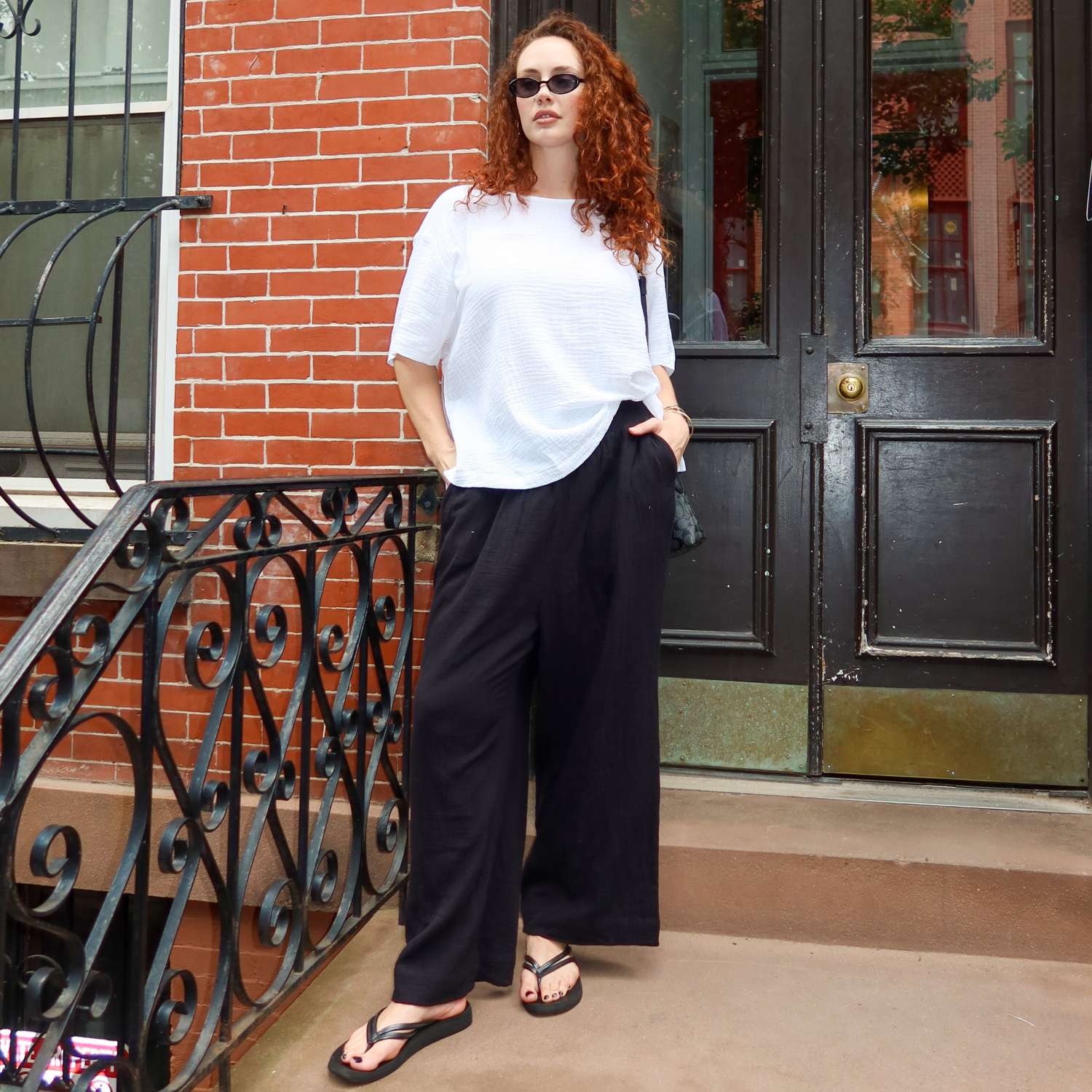 The Noor Cotton Gauze Wide-Leg Trousers - Black