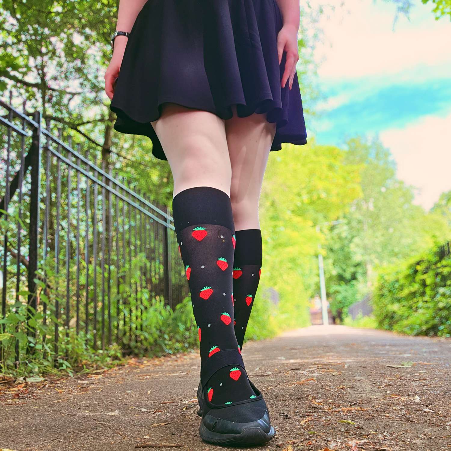 Strawberry Mock Sock Tights - Black