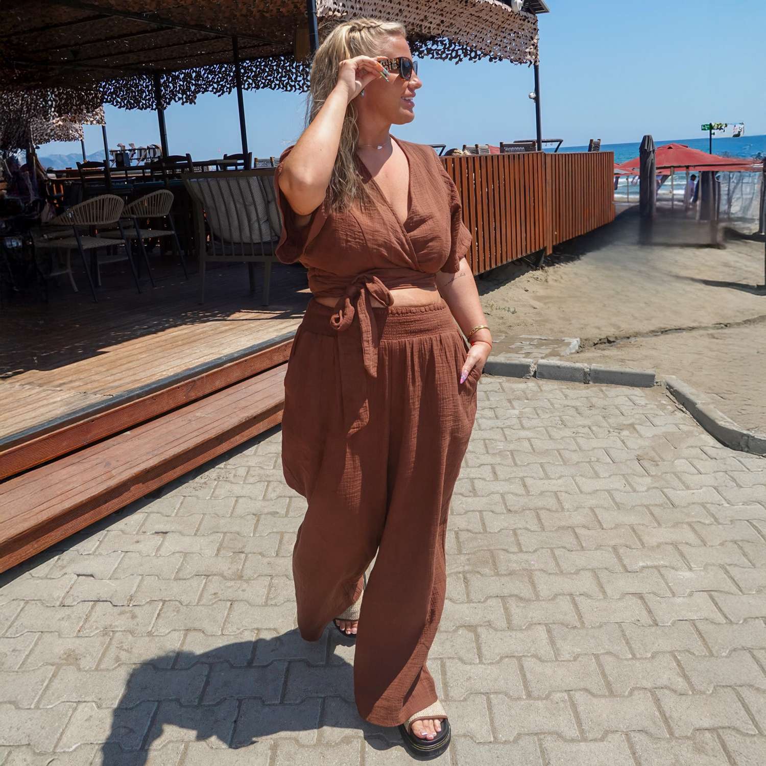 The Noor Cotton Gauze Wide-Leg Trousers - Brown