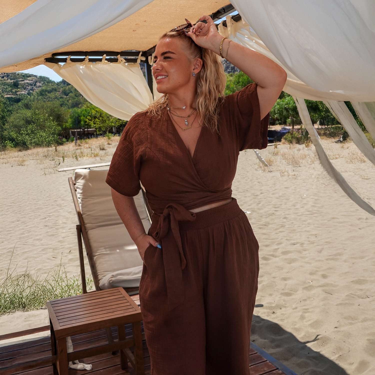 The Sonia Cotton Gauze Wrap Top - Brown