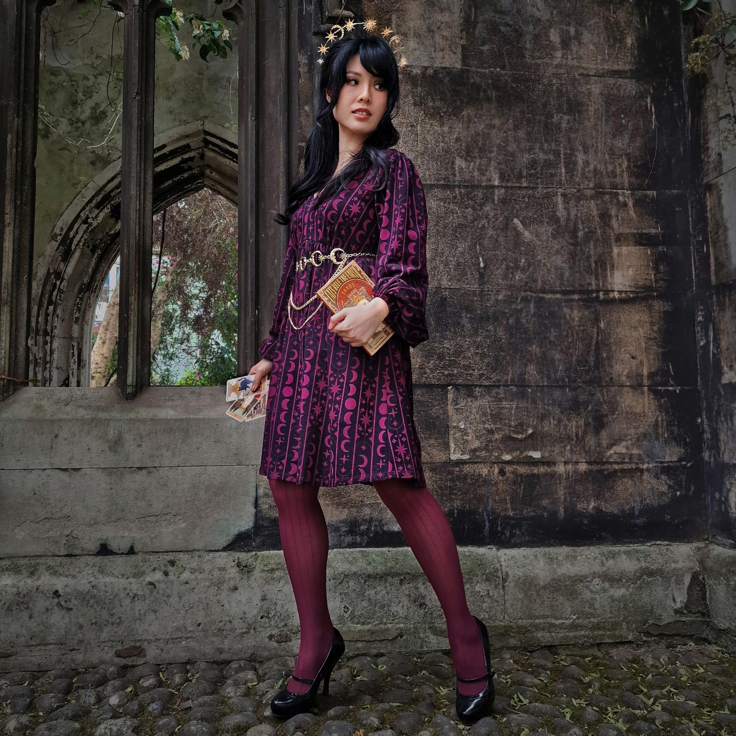 Printed Cotton Babydoll Dress - Moon Stars Pinstripe - Cherry