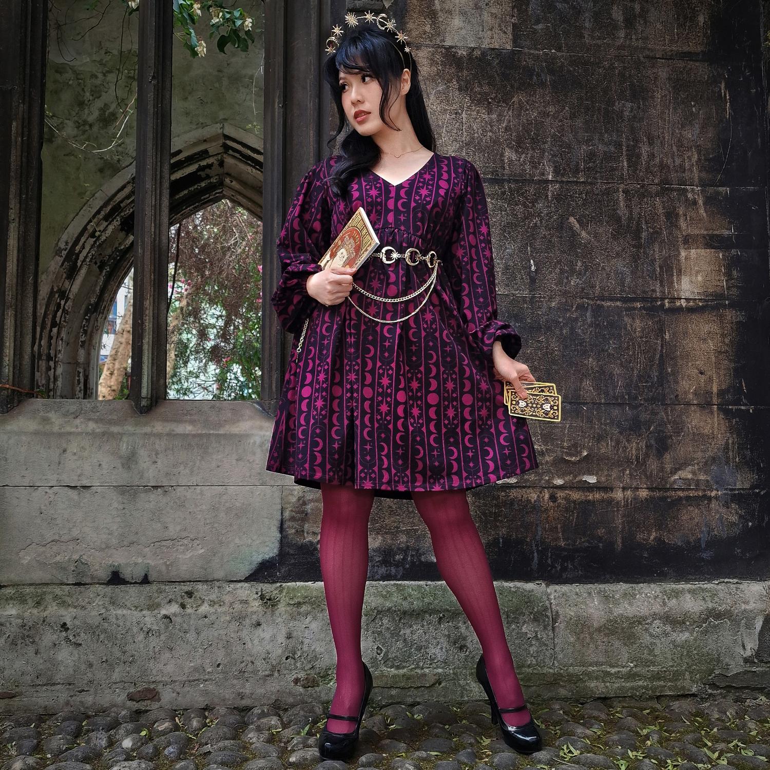 Printed Cotton Babydoll Dress - Moon Stars Pinstripe - Cherry