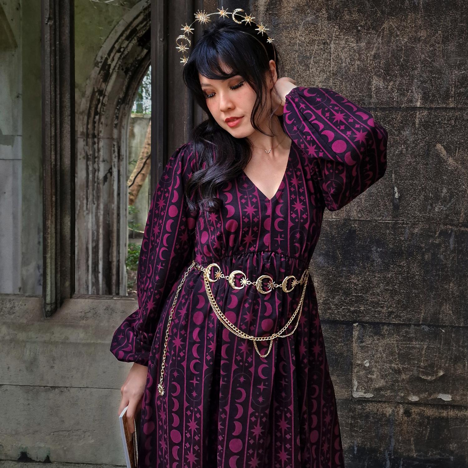 Printed Cotton Babydoll Dress - Moon Stars Pinstripe - Cherry