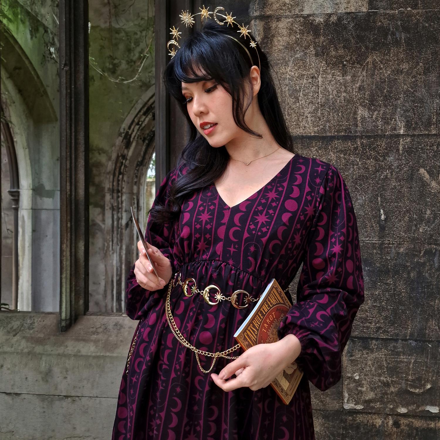 Printed Cotton Babydoll Dress - Moon Stars Pinstripe - Cherry