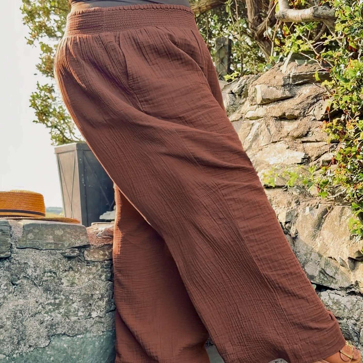 The Noor Cotton Gauze Wide-Leg Trousers - Brown