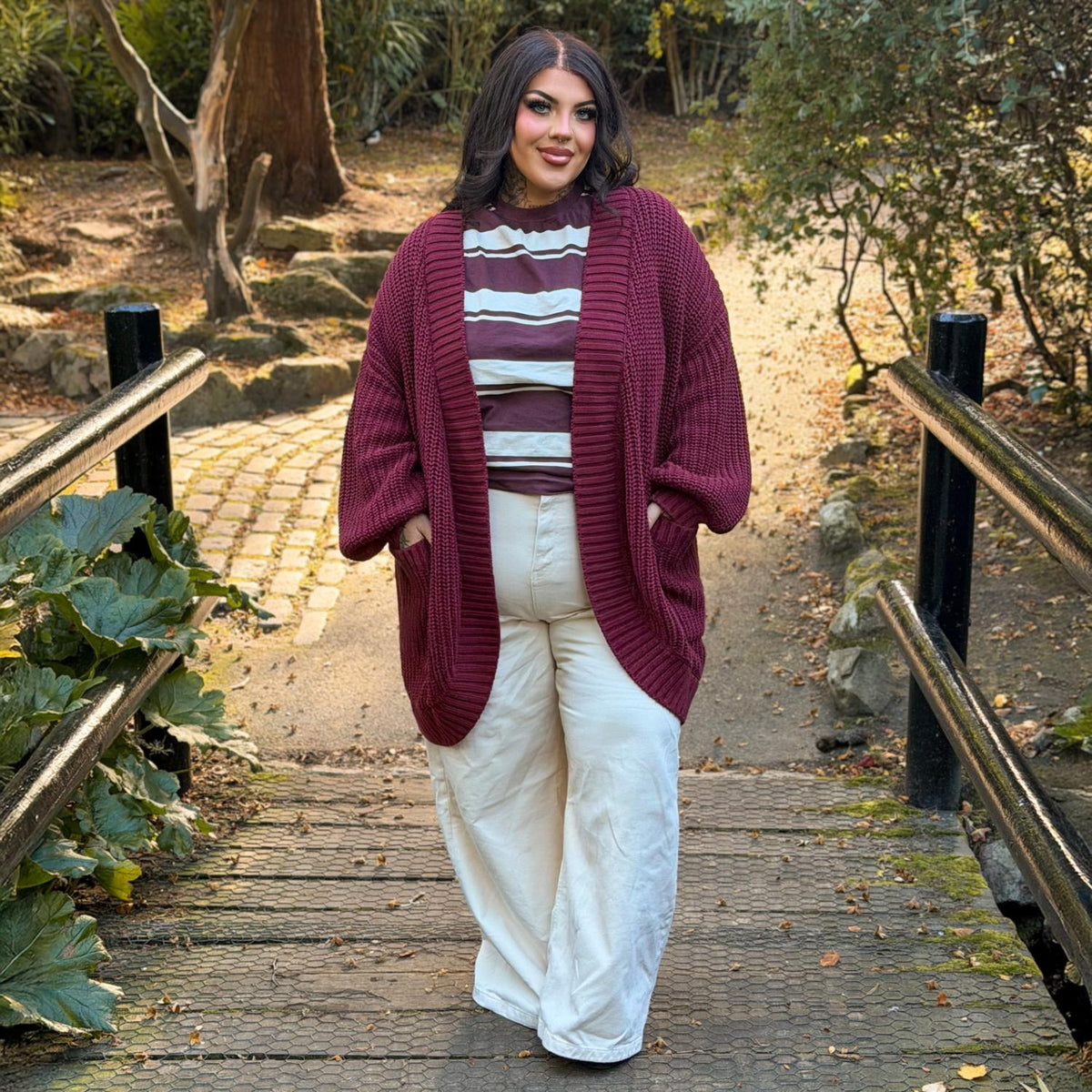Chunky Knit Cotton Cardigan - Burgundy