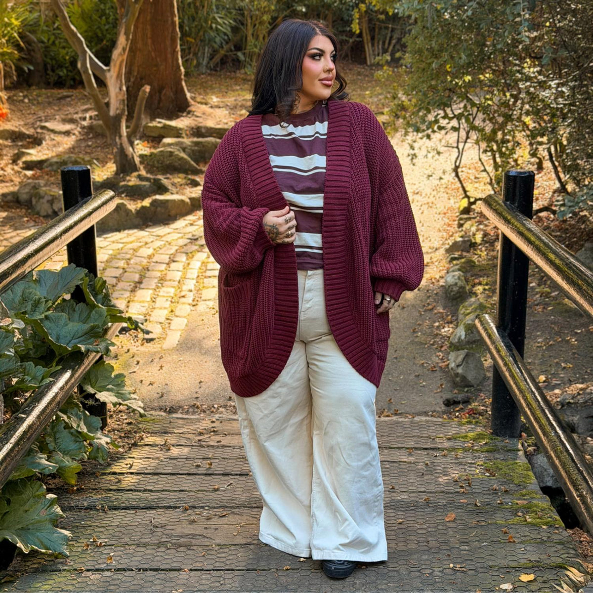 Chunky Knit Cotton Cardigan - Burgundy