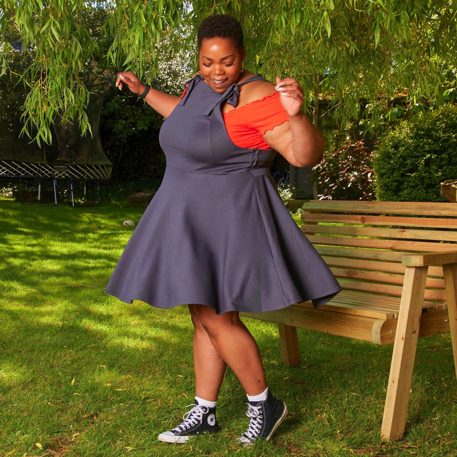 Woman wearing slate grey snagafore dress